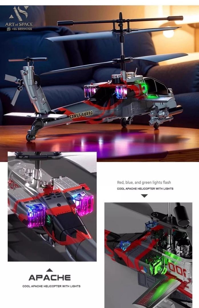 Captain Abao - Remote Control Helicopter Toy for Boys S[354515] (Category: Remote Control Toys) located in Singapore. Submitted by space_craft (Listing ID 1453990298, Image 6). Description: 📝 Overview This RC Apache helicopter features a Coast Guard livery, 2.4G remote control, and a modular 500 mAh USB battery for up to 10 minutes of flight. It includes barometric altitude hold, intelligent speed control, and multi-color LED lights. The set com