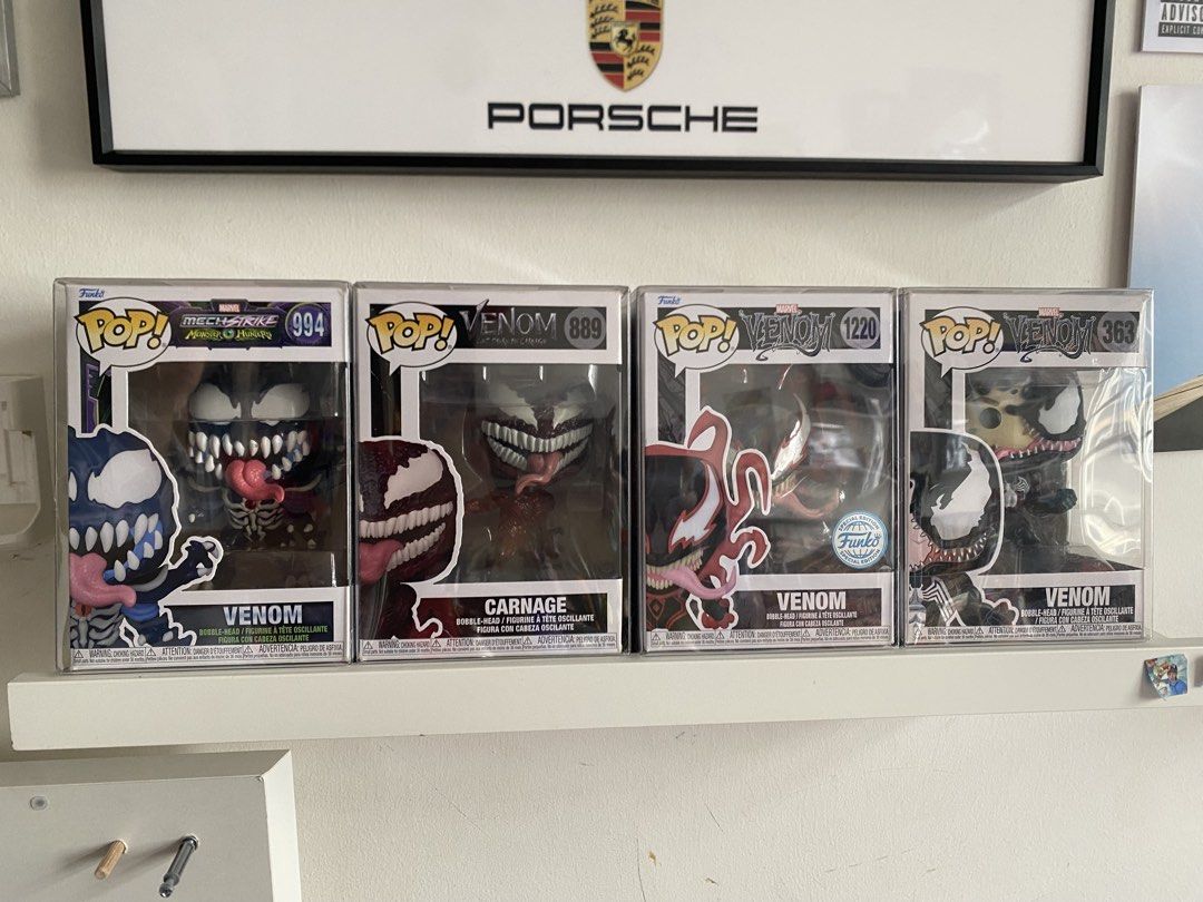 CARNAGE #889, VENOM #1220, VENOM #994, VENOM #363 FUNKO POPS (Category: Toy Figures) located in Singapore. Submitted by c0operativ3 (Listing ID 1454146989, Image 1). Description: $18 CARNAGE #889 $25 VENOM #1220 $18 VENOM #994 $25 VENOM #363 Meetups/ delivery can be discussed Protection cover is provided Dm for more info.