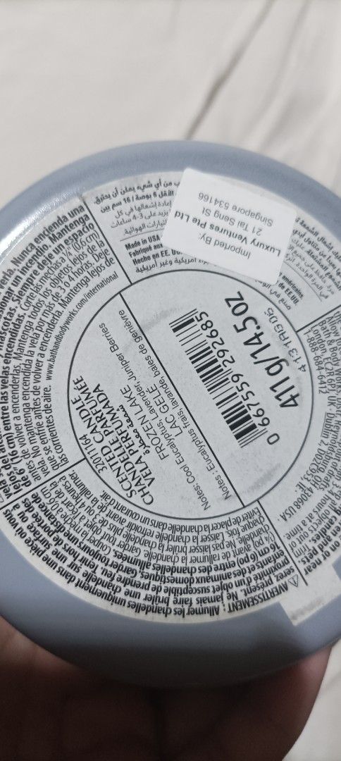 White Barn Frozen Lake Scented Candle (Category: Home Fragrance) located in Singapore. Submitted by clearancesaleess (Listing ID 1454040804, Image 5). Description: - White Barn 3-wick candle - Scent: Frozen Lake (eucalyptus, lavender, juniper berries) - Wax type: Soy blend - Condition: Label has wear and tear, lid has minor scratches - Burn time: Plenty of wax left lightly used for a while when hosting a guest almost full and like new.