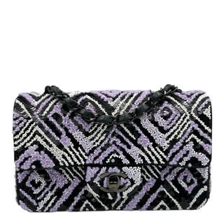 Chanel CC Regtangle Sequin Embroidered Flap Silver Shoulder Bag in, Black hardware