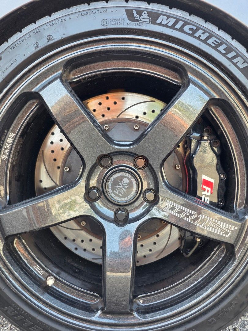 8 mini pot big brake kit. Caliper re-painted with RS3 logo. (Category: Wheel Accessories) located in Singapore. Submitted by princexharming (Listing ID 1454573703, Image 1). Description: Elevate your braking power to another level. Comfortable for daily spirited street drive and for track use! - Used for less than 1 year. - For 19 inch rim (may fit 18" depends on your wheel wall clearance) - Brand new brake pads - 380mm drilled and slotted rotors