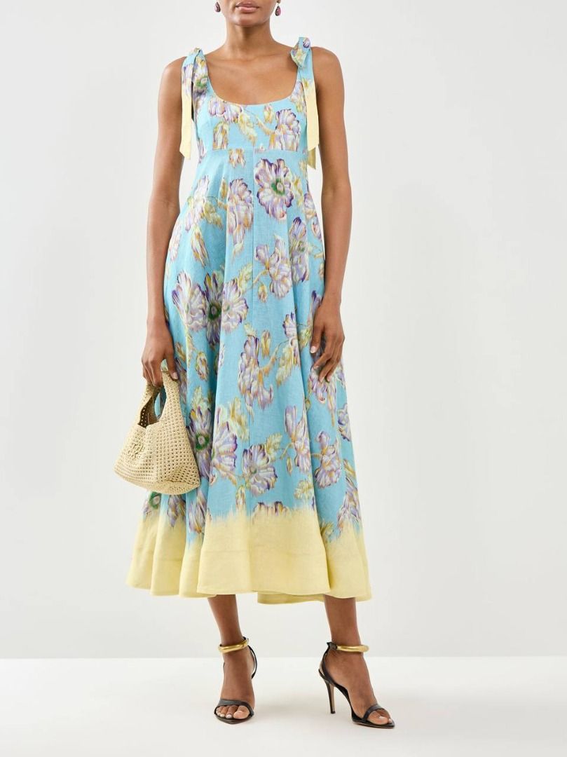 Alemais Blue/Cream/Purple Blossom Florals Ballet Linen Midi Dress Sundress (Category: Dresses) located in Singapore. Submitted by classycouture_sg (Listing ID 1454565409, Image 7). Description: 🧚‍♀️ Insta (same username) for exclusive deals & items 🧚‍♀️ ✅ AU6/AU8/AU10/AU12 Alemais Jerry Ballet Linen Midi Dress features a soft floral print, adjustable tie shoulders, and a flowing empire silhouette for breezy all-day comfort. 💙🌼 RTP S$850 ✨ 100