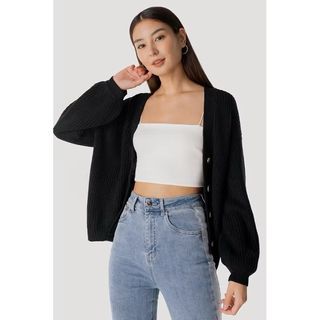 Lovet Josey Black Ribbed Knit Balloon Sleeve Cardigan XS