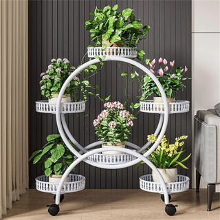 6 Tier Heavy Duty Plant Stand | Rolling Wheels Garden Display Shelf | Mobile Flower Holder Stand | Metal Pot Rack Plant Stand | Indoor Outdoor Planter Stand | Multi Tiered Flower Pot Display | Black Iron Plant Stand