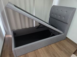 [Good quality, good condition, no defects, extra height] Grey Fabric Storage Bed Frame with Headboard