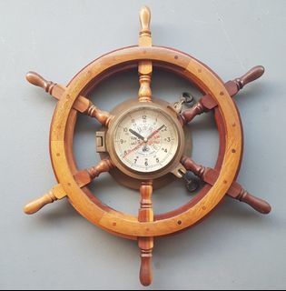 Retro Ship Brass Clock, Vintage Wooden Nautical Wheel Clock, Marine Chronograph, Chadburns Liverpool & London Engine Telegraph Dial, 25” Ship Steering Wheel, Wooden Helm, Maritime Timepiece, Porthole Design, Decorative Display, Antique Showpiece