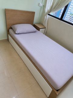 Single Bed Frame with Storage Drawers and Wooden Headboard