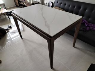 TSST 00L - Sintered Stone Dining Table with Solid Wood Leg, Ash Wood Table Leg w Marble Top photo