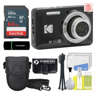 KODAK PIXPRO FZ55 16MP Black Digital Camera, 5x28mm Optical Zoom, 1080P Wide Angle, 2.7" Full HD LCD Camera, 64GB Card & Reader, Case + Memory Wallet + Tripod
