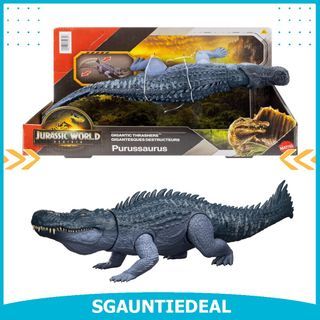 Mattel Jurassic World: The Rebirth Gigantic Thrashers Dinosaur Figure, Purussaurus Large Species Toy, 2 Stomping Attacks, Digital Fun, JGB94