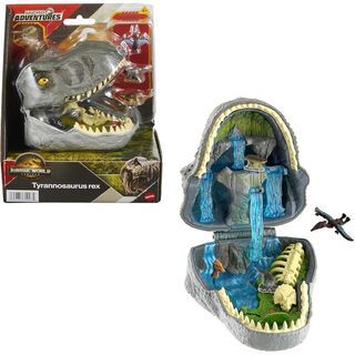 Mattel Jurassic World The Rebirth Small Adventure Playset Spinosaurus Head Opens 4 Interactive Features 3 Small Figures Dinosaur Toy JGB97